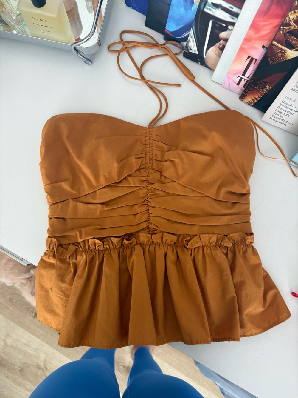 Express Rust Orange Ruched Strapless Peplum Tank Top